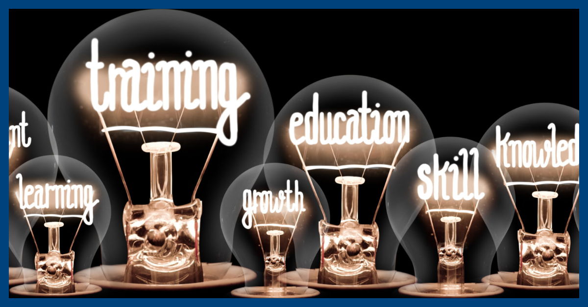 Light bulbs with words 'training, education, skill, knowledge' illustrating concepts to enhance operator training scores.