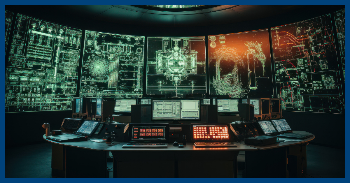 Control room of advanced nuclear reactors showcasing the latest in SMR and AR nuclear advances, with high-tech monitors and data panels.