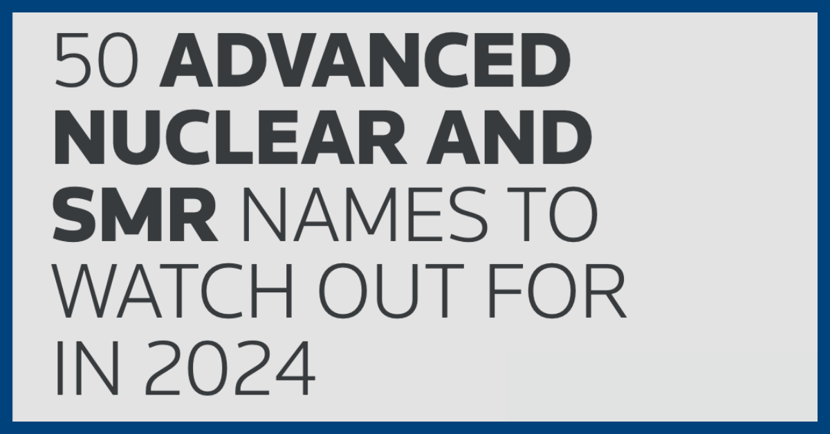 Report cover with the title '50 Advanced Nuclear and SMR Names to Watch Out for in 2024', highlighting key industry players in the SMR sector.