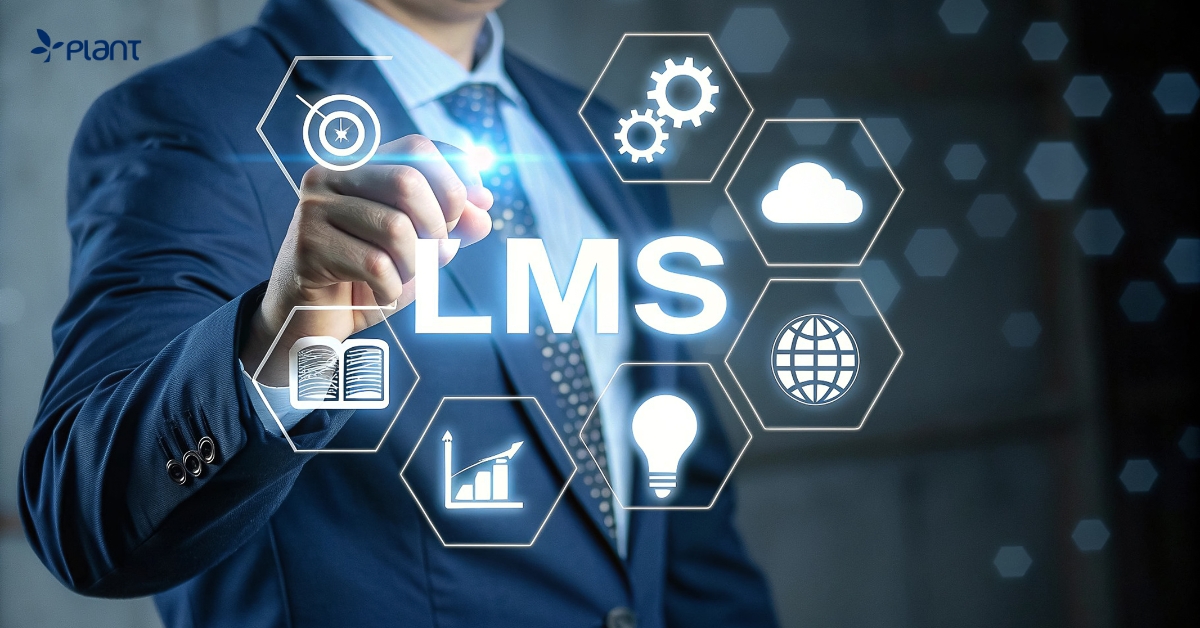 Business professional interacting with digital icons representing LMS tools and technology, showcasing the capabilities of the PLANT™ Learning Platform.