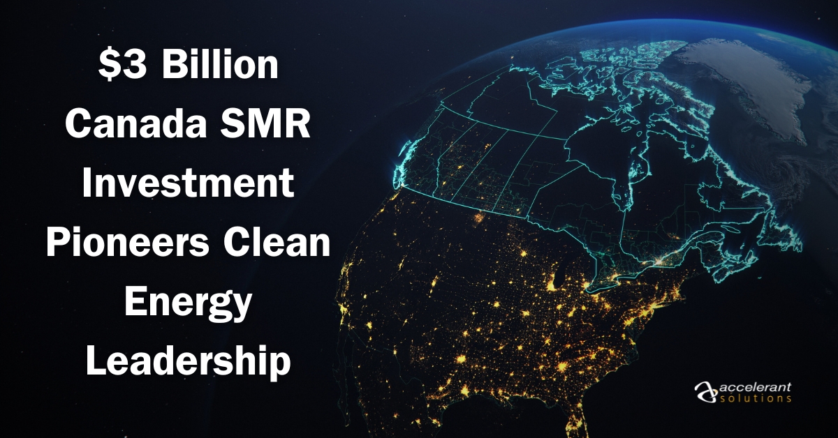 Canada SMR investment visualization showing illuminated Canadian energy grid representing $3 billion commitment to small modular reactors and clean energy leadership