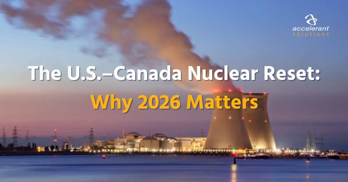 Active nuclear cooling tower emitting steam. Image represents industrial momentum and the U.S.–Canada nuclear reset explored in this blog.